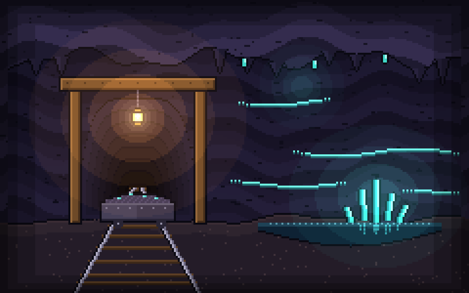 The Deepvein: a lantern-lit mine tunnel, rails running into the dark, a still pool and glowing crystals