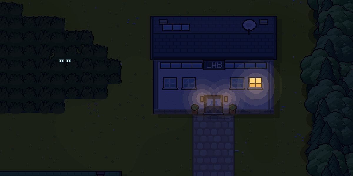 Topsoil Town at night: one window still lit in Professor Nonce's lab, and two eyes in the dark grass